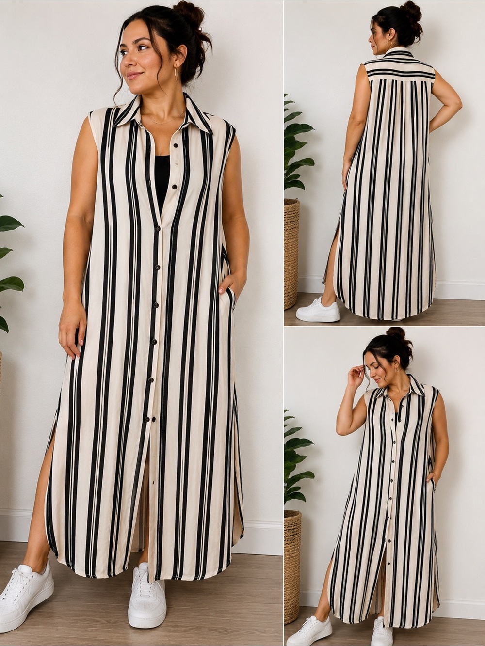 H&M Black & Cream Sleeveless Button-Front Striped Maxi Dress